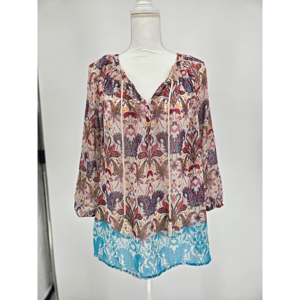 DR2 Daniel Rainn Womens Paisley Metallic Lurex Tassel Peasant Blouse